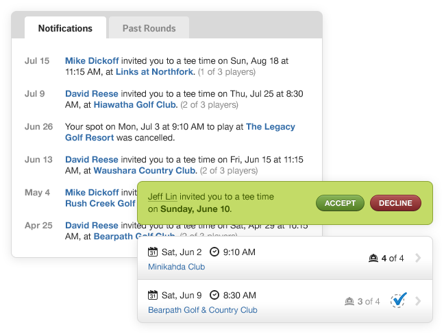 Notifications, Invitation & Upcoming Tee Times